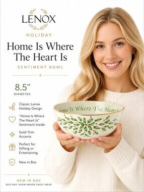 Lenox Holiday “Home Is Where The Heart Is” Sentiment Bowl NIB Holly Christmas